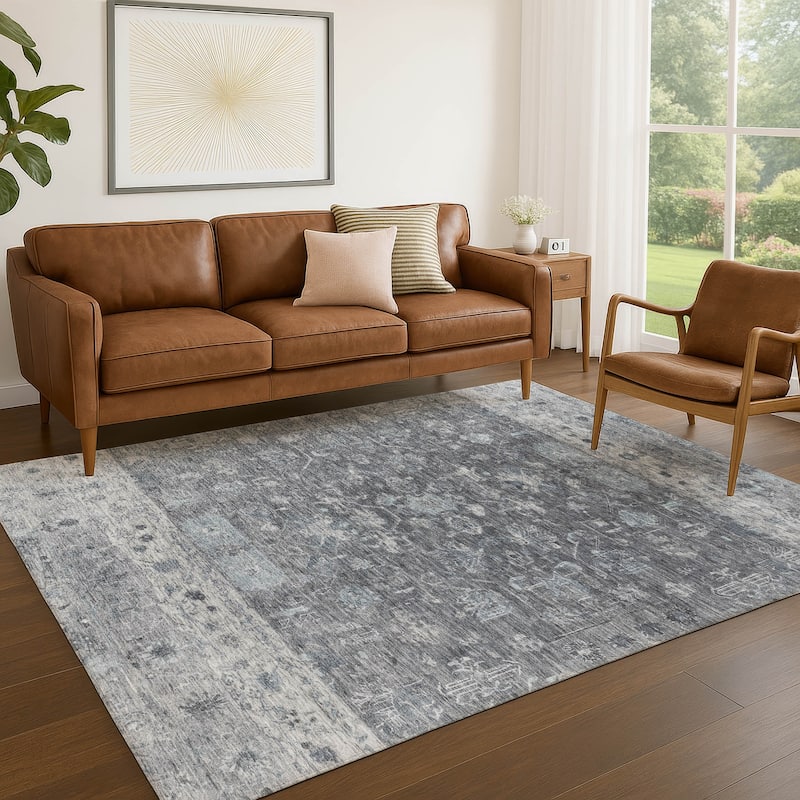 Machine Washable Indoor/ Outdoor Traditional Border Chantille Rug