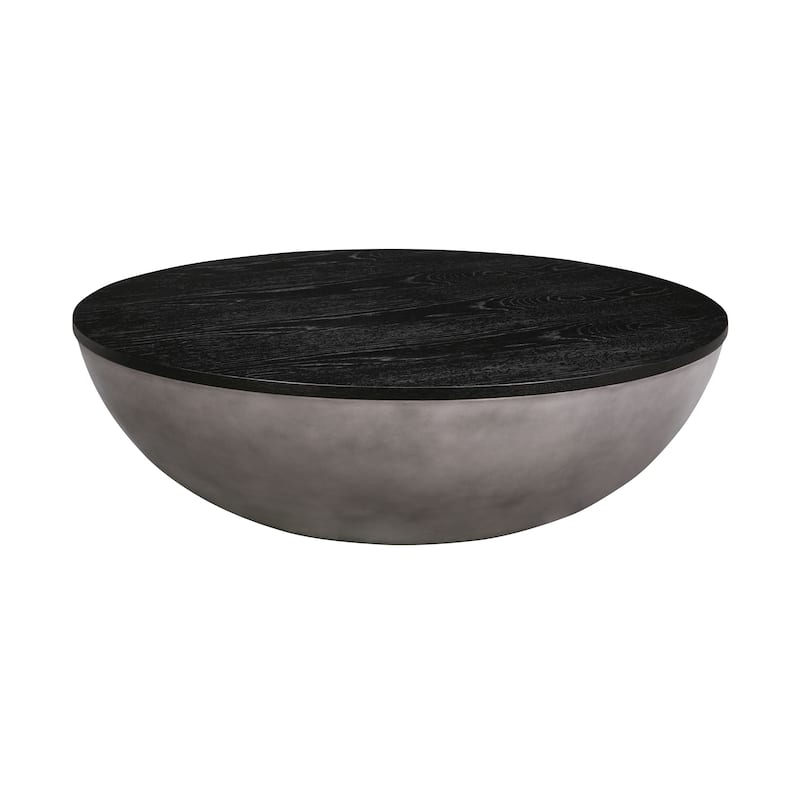 48 Inch Round Coffee Table with Wood Top and Concrete Base, Black Brushed - Black, Gray - Wood