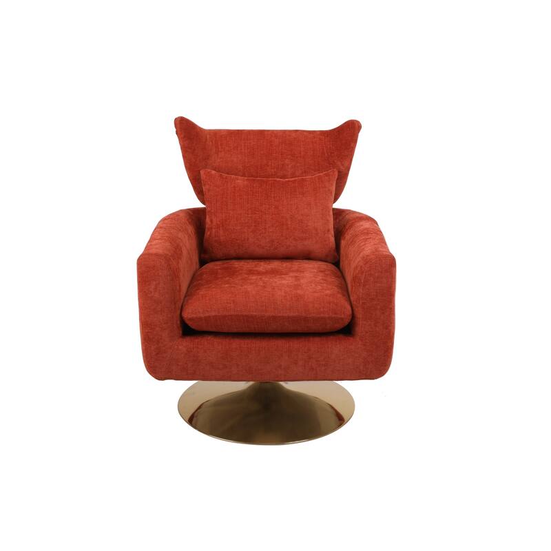 Swivel Accent Chair with Pillow Wide Upholstered & Gold Base, Modern Barrel Chair, 360-degree Swivel Sofa Chair for Living Room