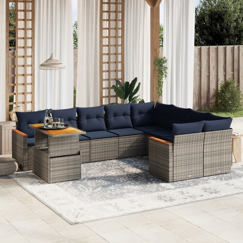 vidaXL Patio Sofa Set with Cushions Outdoor Furniture 10 Piece Poly Rattan - 24.4 x 24.4 x 27.2 - Grey