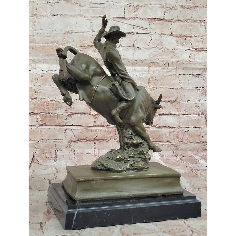 Bronze Imitative Bull Rider Sculpture On Marble Base – Western Rodeo Art