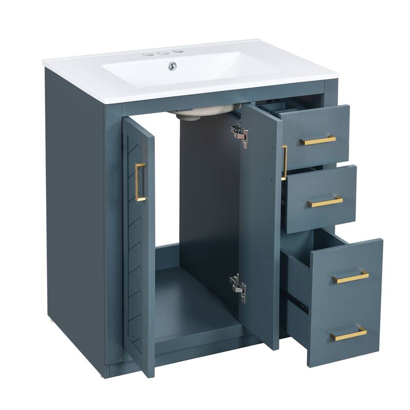 Roomfitters 30" Vanity with Ceramic Sink, Solid Wood Freestanding Cabinet with 3 Drawers and Soft Closing Doors