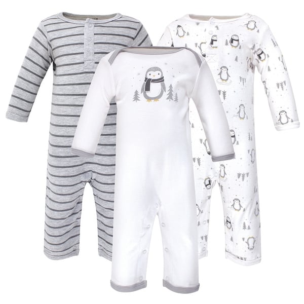 slide 1 of 1, Hudson Baby Infant Cotton Coveralls 3pk, Gray Penguin 0 - 3 Months - White/Grey