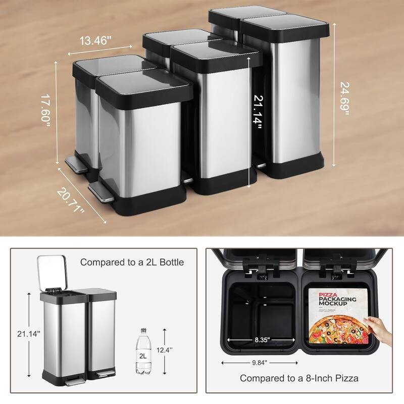 13 Gallon Step-Open Dual Trash and Recycling Bin with Soft-Close Lid, 50L(2x25L)