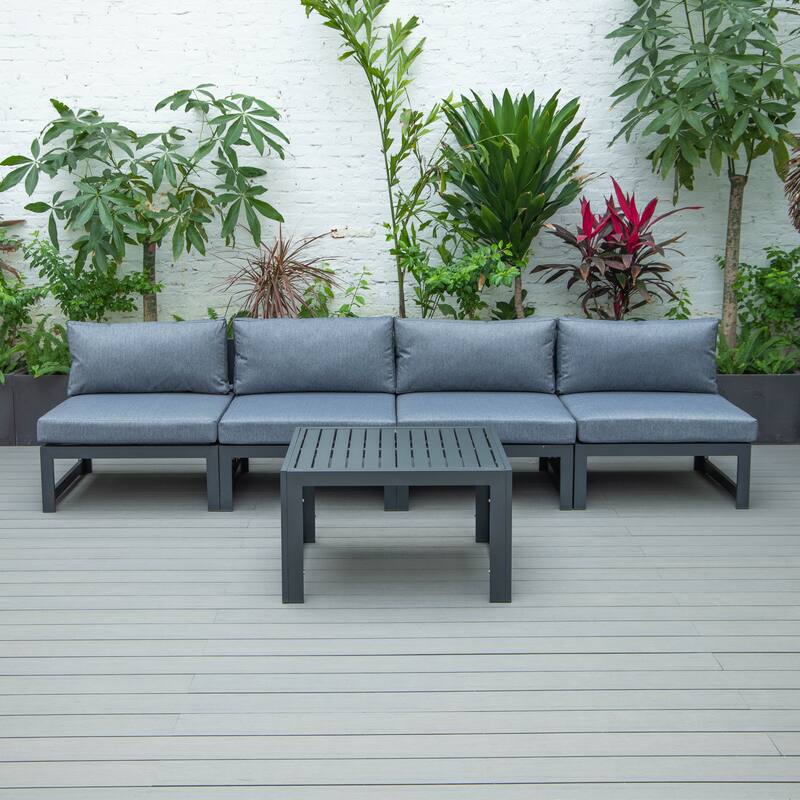 Chelsea Modern 5-Piece Outdoor Dining Set of 4 Armless Aluminum Patio Sectional Chairs and Coffee Table for Poolside or Garden