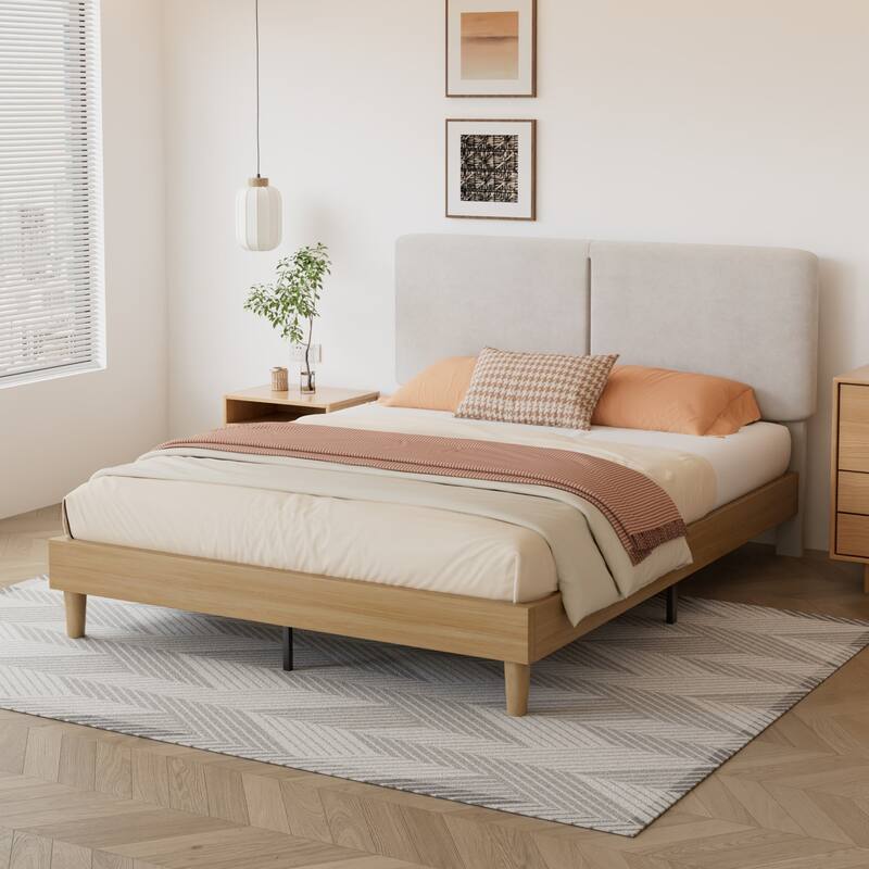VECELO Upholstered Platform Bed Frame with Adjustable Headboard, Solid Wood Slats, No Box Spring Needed, Twin/Full/Queen Size