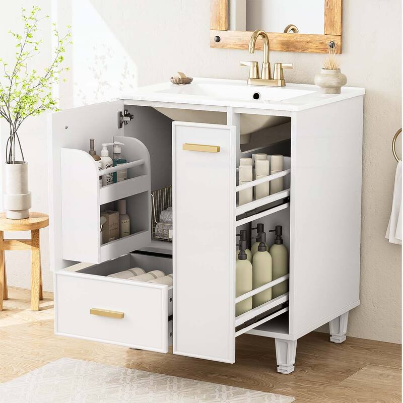 Freestanding Vanity Set with Door Shelf,Deep Drawer,2-Tier Pull-Out Basket