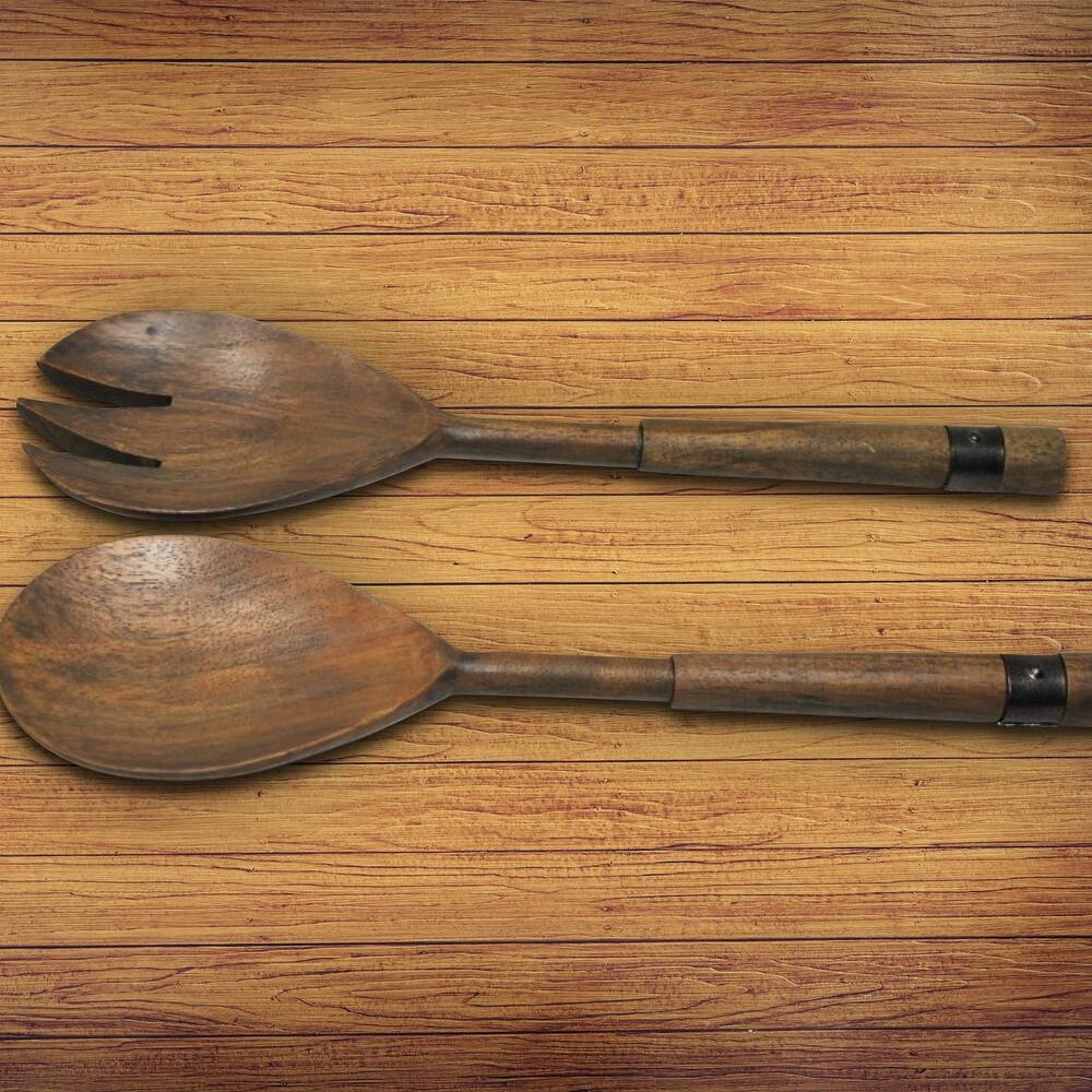 IH Casa Decor Gray Acacia Wood With Riveted Gunmetal 2 Pc Salad Server Set