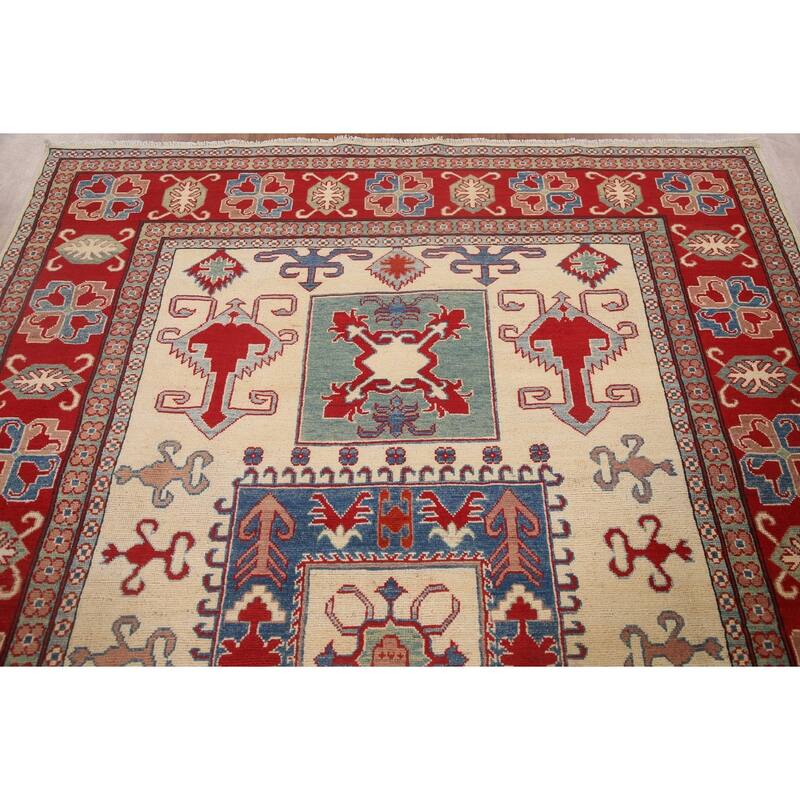 Hand Knotted Oriental 100% Wool Carpet Traditional Geometric Beige & Ivories Kazak Area Rug - 9' 8'' X 6' 6''