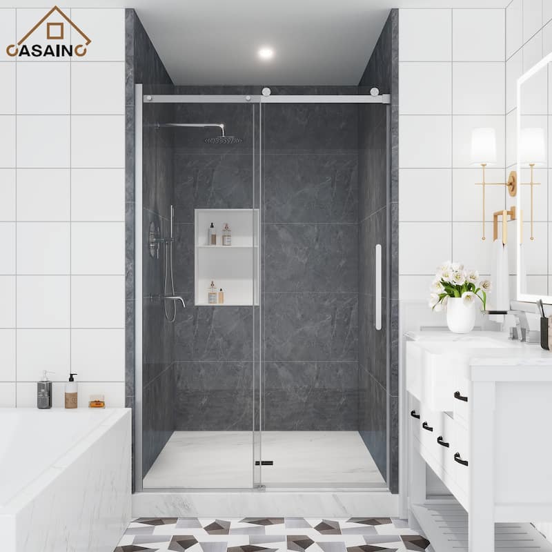 CASAINC 48"/60"W x 76" Sliding Frameless Shower Door with SGCC certification - 48" x 76" - Brushed nickel
