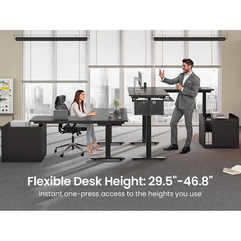 L Shaped Electric Standing Desk with File Cabinet Height Adjustable 63 x 53''
