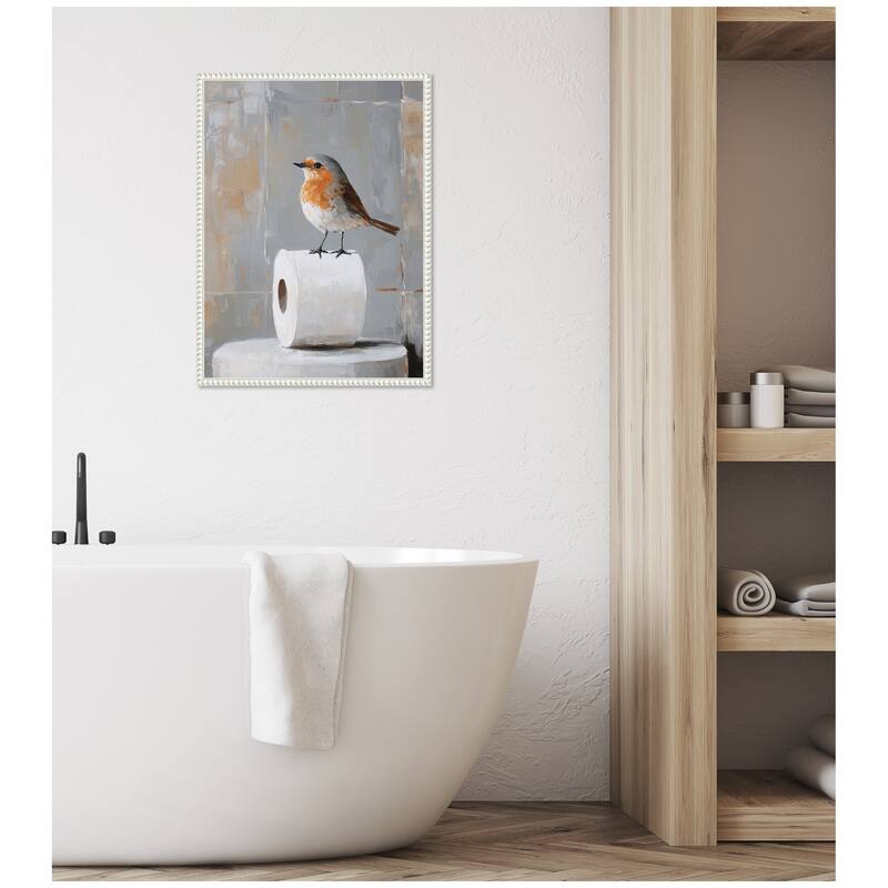 Kate and Laurel Sylvie Bird Standing on Toilet Paper Roll Toilet Bathroom Art Framed Canvas by The Creative Bunch Studio