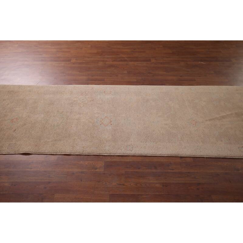 Earth Tone Oushak Turkish Runner Rug Handmade Wool Carpet - 3'0" x 11'5"