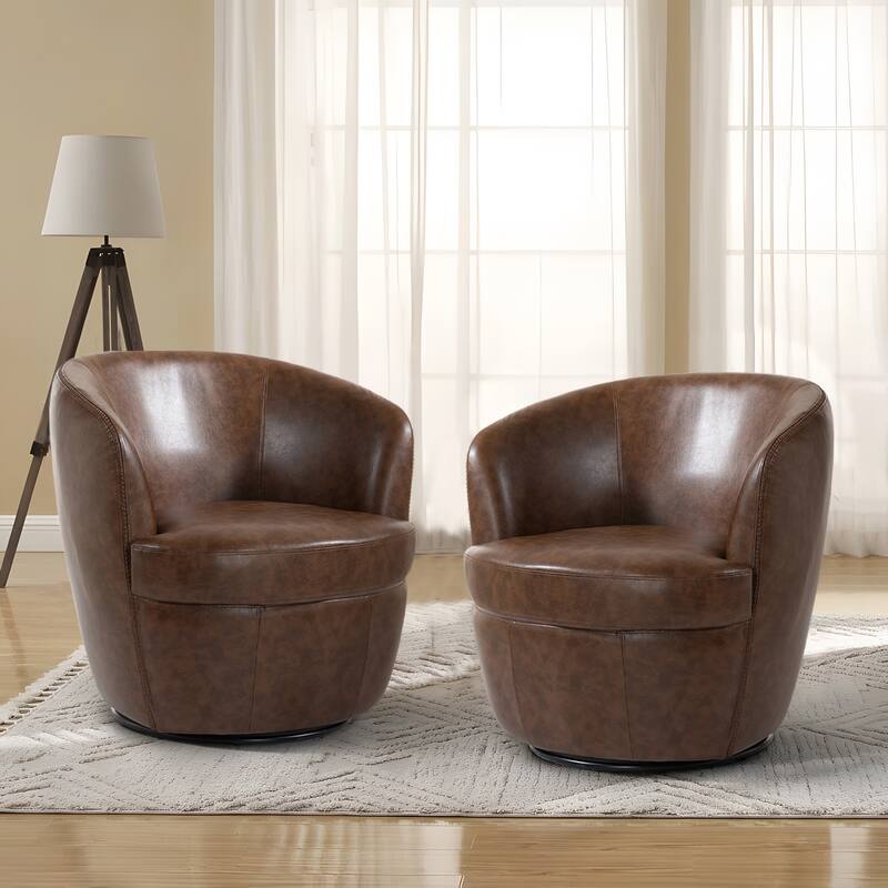 Modern Upholstery Barrel Swivel Chair Faux Leather - Set of 2 Chair - Coffee