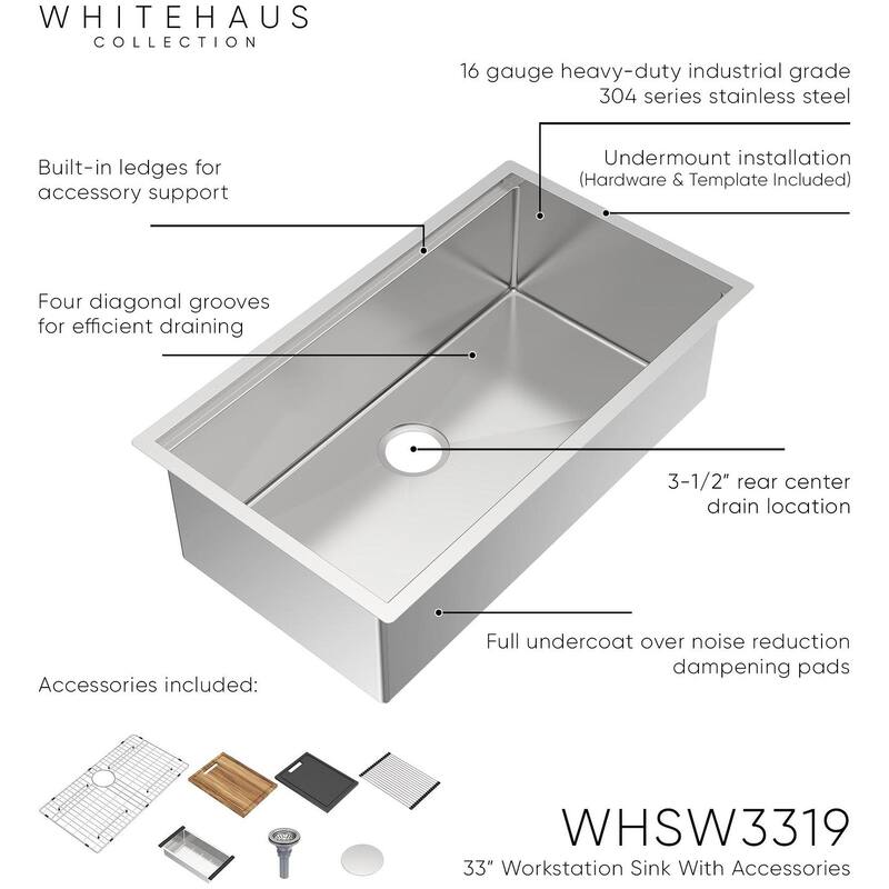 Whitehaus WHSW3319 33" Undermount Single Basin Stainless Steel Modern - Brushed Stainless Steel