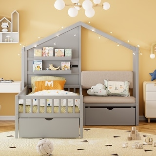 Twin House Bed with Sofa, Wireless Charging, Drawers, and Shelves, Grey
