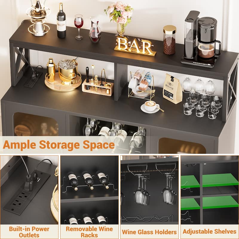 Buffet Sideboard Cabinet Wood Coffee Bar Cabinet with Charging Station and LED lights
