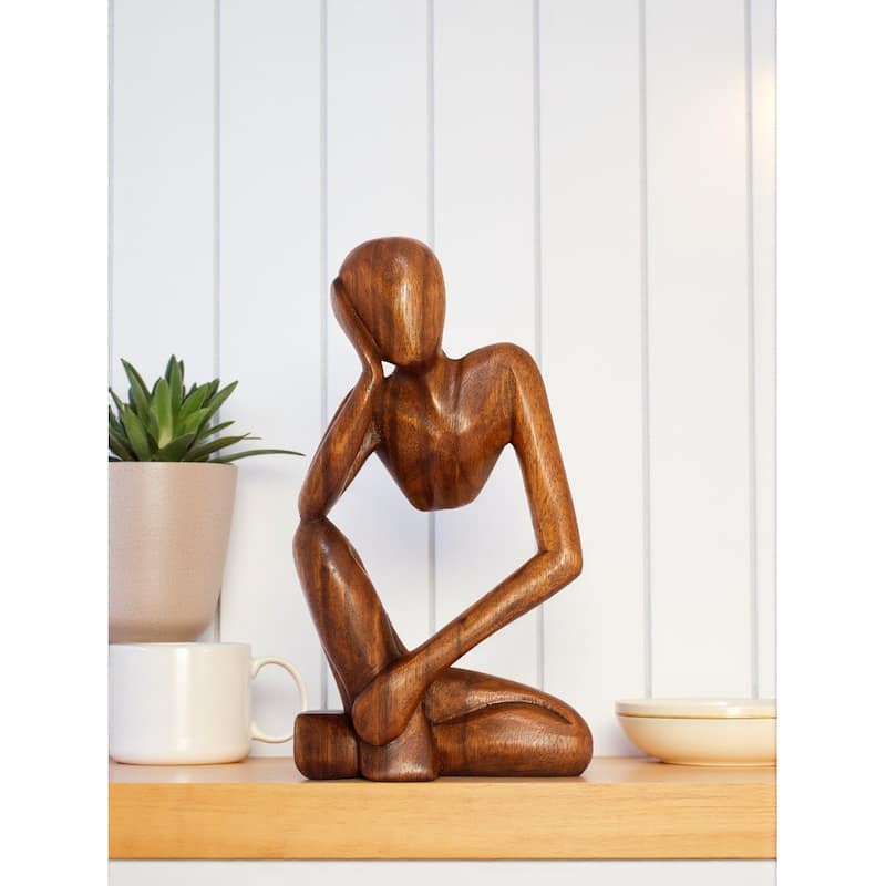 12" Wooden Handmade Abstract Sculpture Statue Handcrafted "Thinking Man" Gift Art Home Decor Figurine Decoration Hand Carved