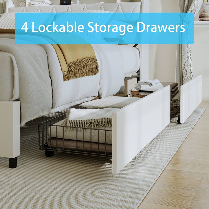 Low Profile Bed Storage Platform Bed Frame with Upholstered Headboard, Charging Station, LED Lights and Underbed Drawers