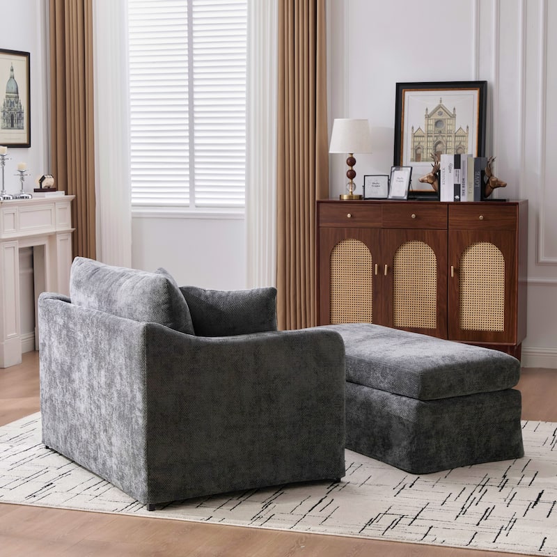 Set of Modern Chenille Accent Chair and Storage Ottoman