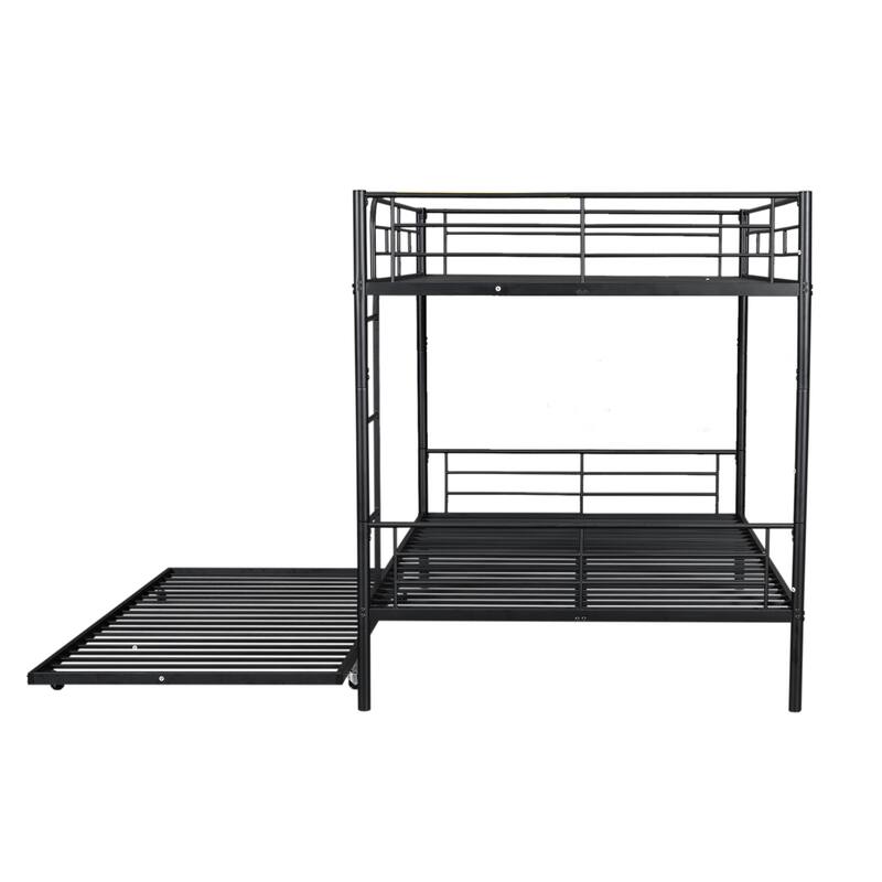 Metal Bunk Bed with Trundle and Guardrail, Convertible to Two Beds