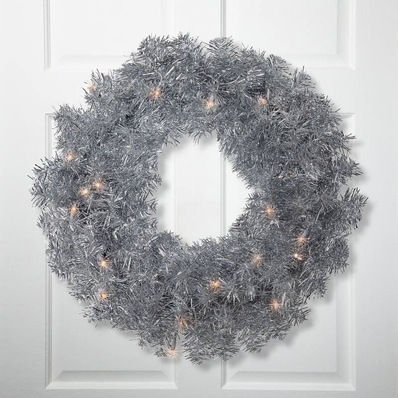 Pre-Lit Artificial Tinsel Christmas Wreath - 24" - Silver - Clear Lights