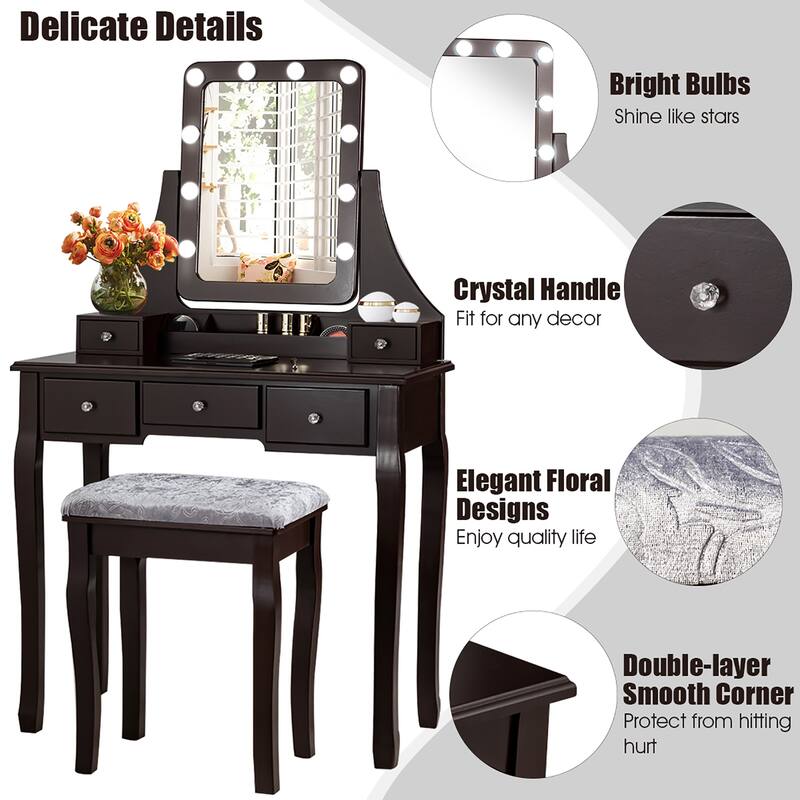 Costway Vanity Dressing Table Set w/ 10 Dimmable Bulbs Touch Switch
