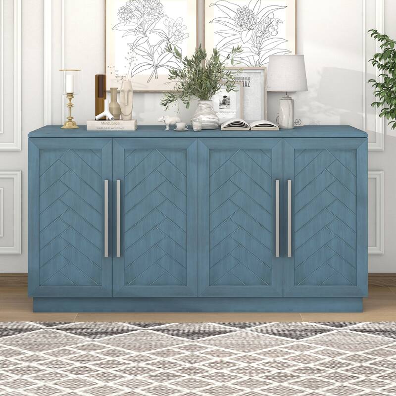 4 Doors Sideboard Kitchen Buffet Cabinet with Adjustable Shelves - Antique Blue