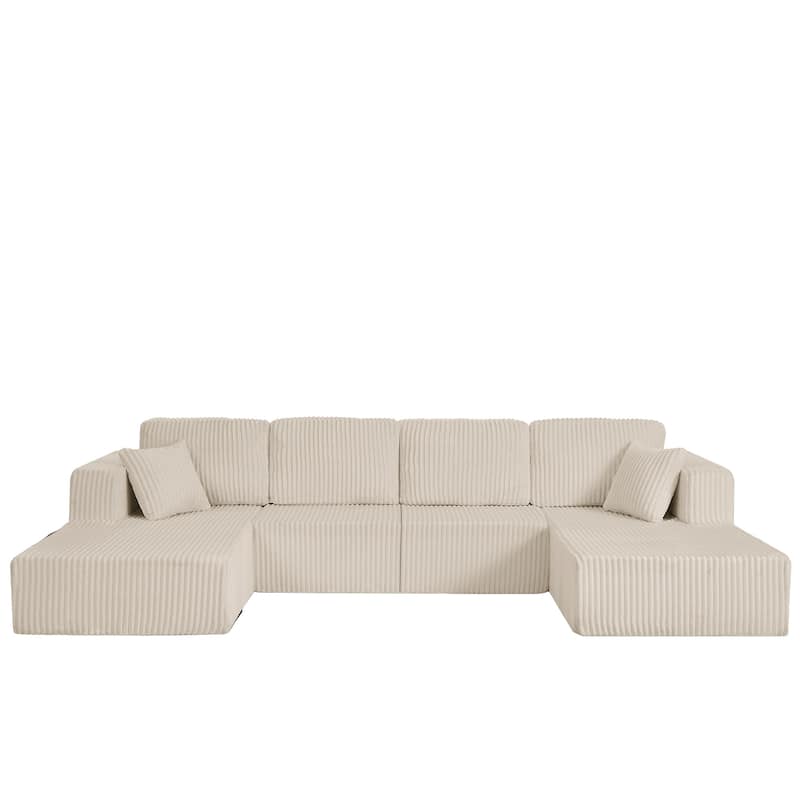 U-Shaped Modular Sectional Sofa with Dual Chaise Lounges, Oversized Corduroy Boneless Couch, Compressed Sofa with Pillows