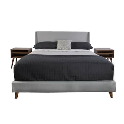 Queen Size Polyester Upholstered Platform Bed Set with Includes 2 Nightstands