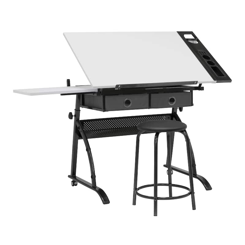 Core Craft Center, 2 piece Drawing, Drafting and Craft Table with Stool, Gunmetal-Gray/White