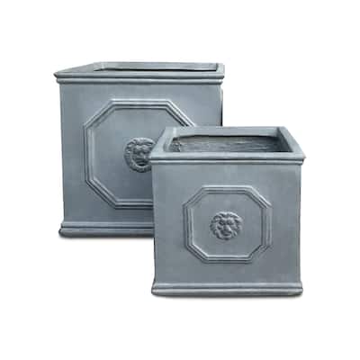 Kante 12.5", 10.2"H Square Antique Gray Lion Head Planters (Set of 2), Outdoor/Indoor