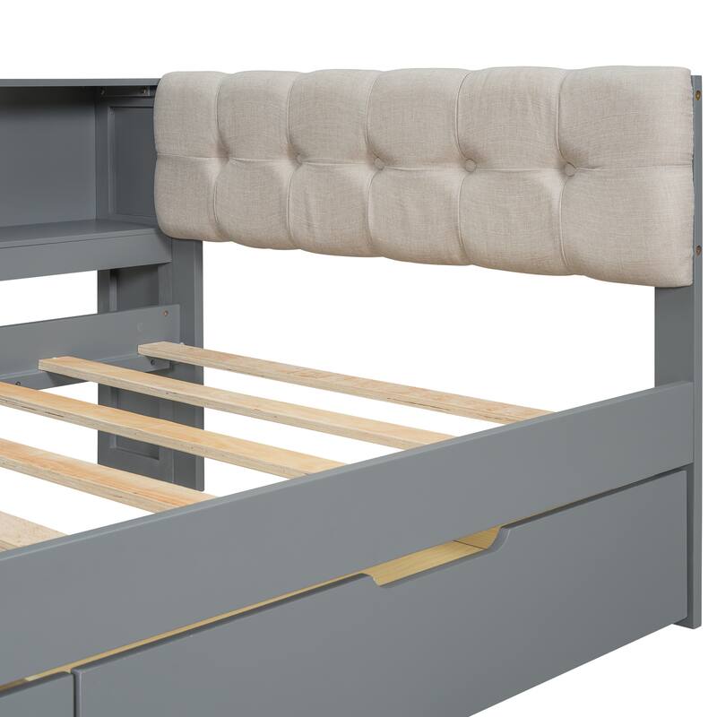 Wood Twin Platform Bed with Upholstered Headboard, Storage Shelves & Charging Station for Small Space, Apartment