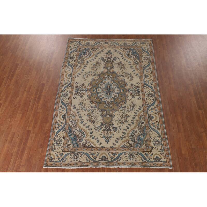 Tabriz Persian Vintage Rug Hand-Knotted Traditional Wool Carpet - 6'5"x 9'7"
