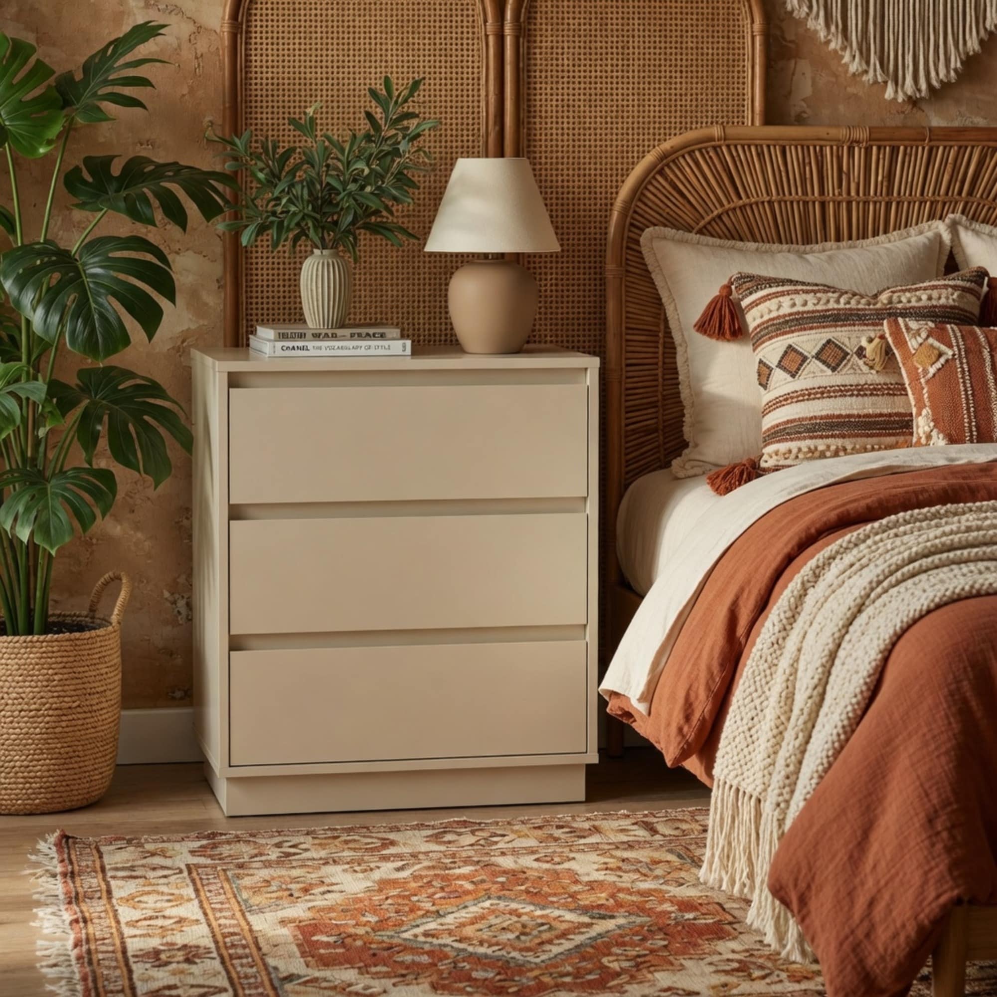 23.6 Inches Width Beige 3 Drawer Modern Nightstand - Large Wood Bedroom Side Table