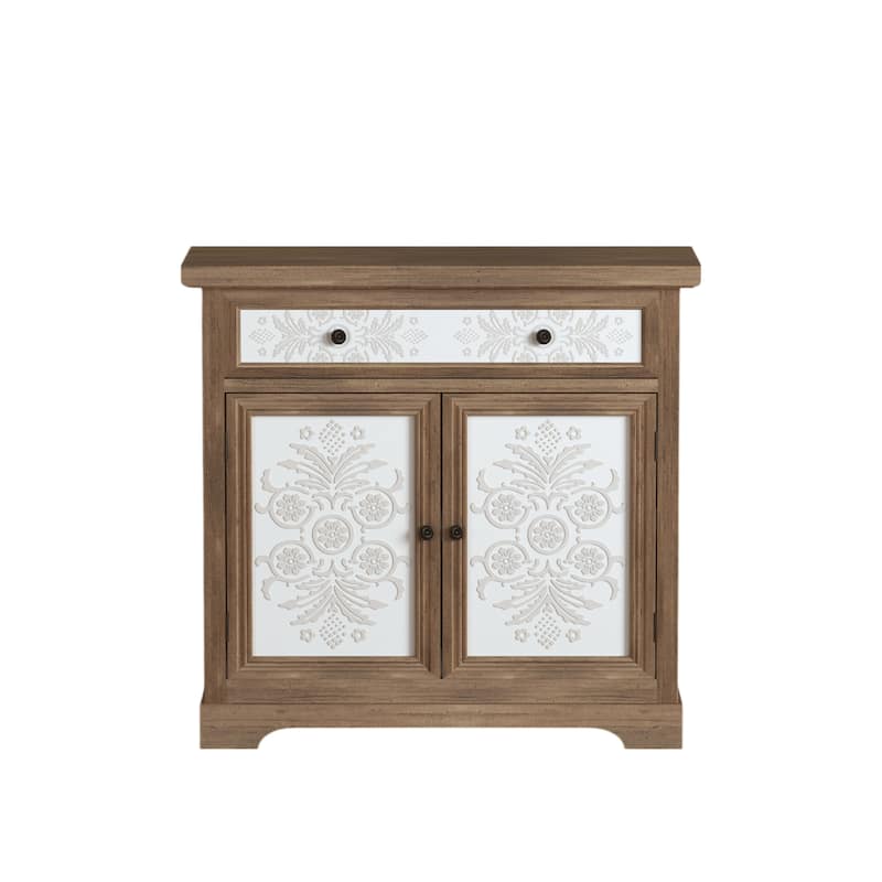 Rustic Vintage Accent Cabinet with Carved Floral Panels, Distressed Wood Sideboard with Drawer and Double Doors