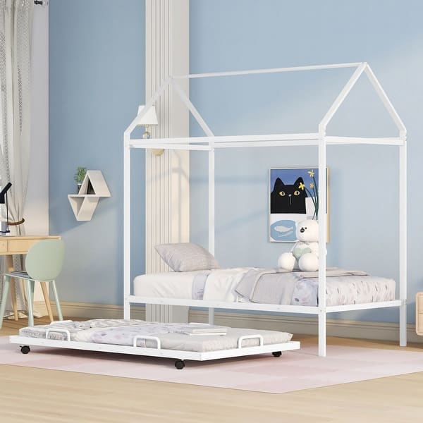 slide 2 of 26, Metal Twin Size Kids House Bed with Trundle White