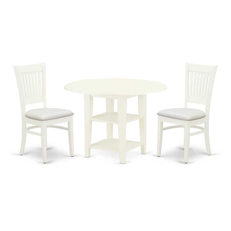 HomeStock 3-Pc Linen White Finish Round Solid Wood Top With Dropleaf Dining Table Set
