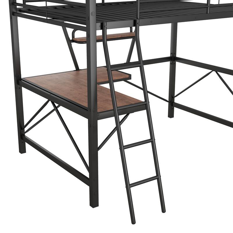 Full Size Loft Bed with Desk and Shelf, Black
