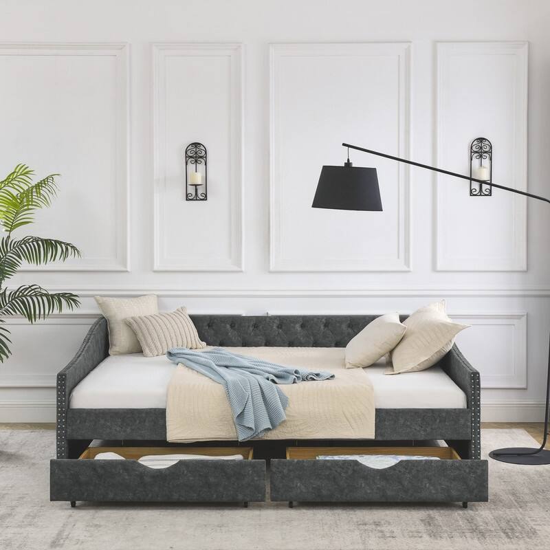 Upholstered Queen Daybed with Two Storage Drawers,Queen Size Button Tufted Sofa Bed Daybed