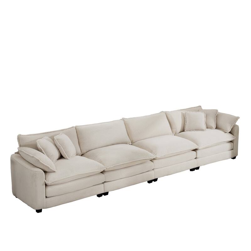 Beige 150" Corduroy Cloud Upholstered 4-seater Modular Sectional Sofa with 6 Pillows, Double Cushion Seat, Free Combination