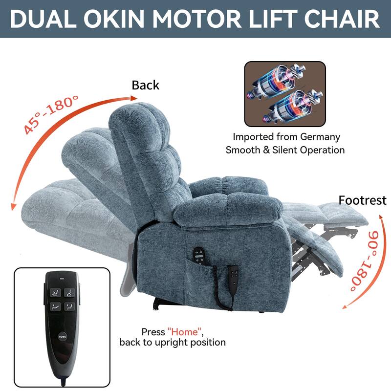 Chenille Power Lift Recliner Chair for Big and Tall with Massage, Heat, Dual Motors, and 180° Recline