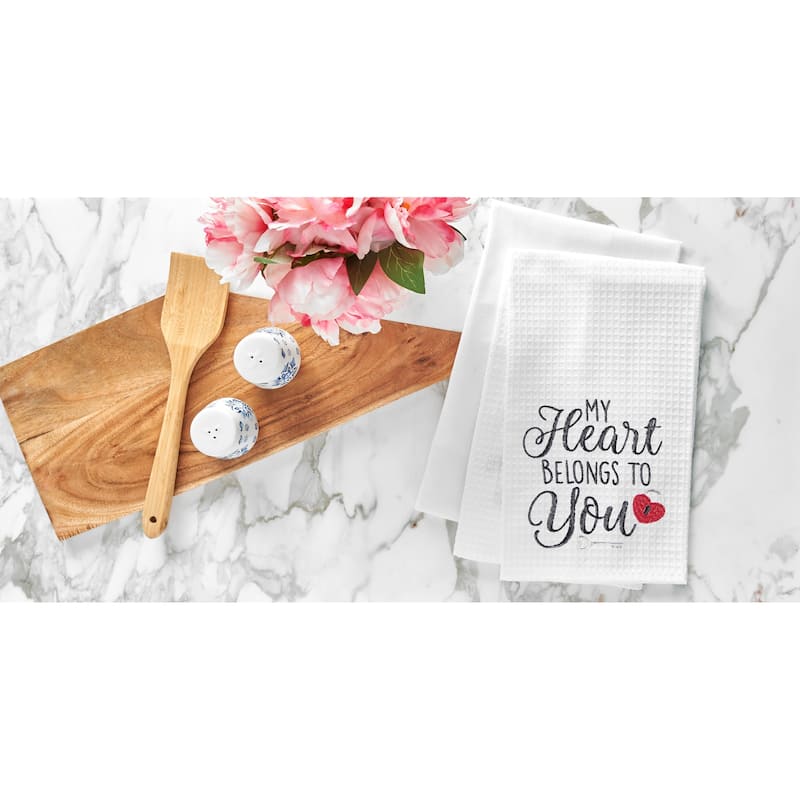 Heart Belongs To You Valentine's Day Embroidered Waffle Weave Kitchen Towel