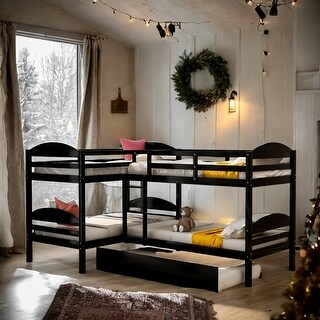 Artsy Twin Size L-Shaped Bunk bed with Trundle and Full-length Guardrail, 5 Beds in 1, Maximized space, Espresso