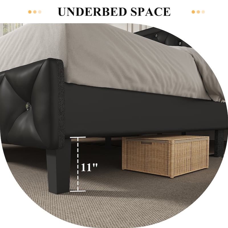 Diamond Tufted Queen Size Bed Frame – Faux Leather & Velvet Options with Button Tufted Headboard, Under-Bed Storage