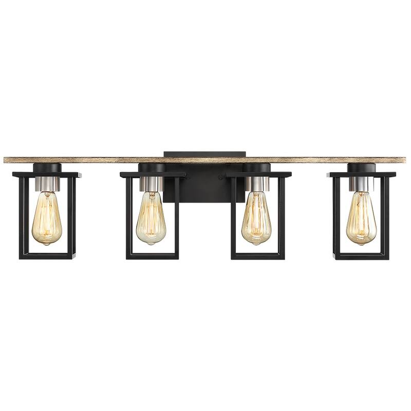 Matt Black/Wood Tone Rustic Farmhouse Bathroom Vanity Light with Open Cage Shades
