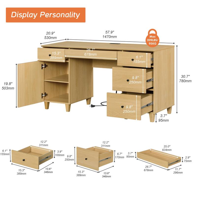 WAMPAT 58" Executive Desk with 5 Drawers & 1 Storage Cabinet