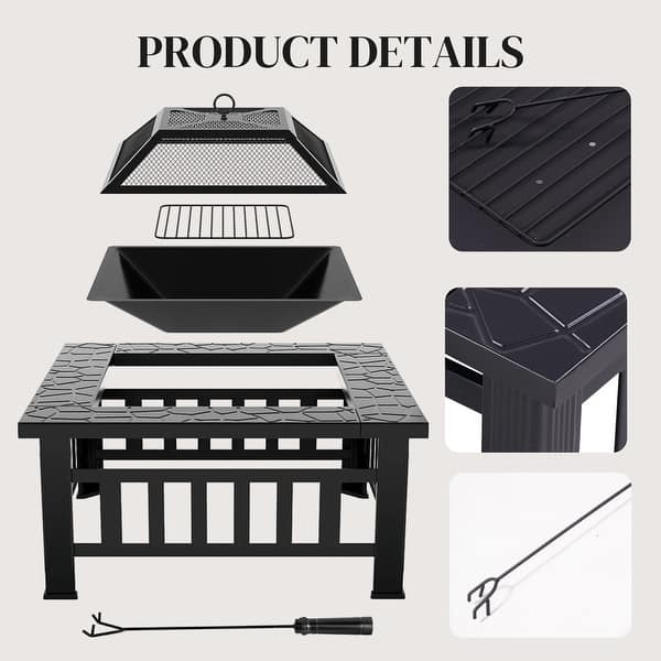 32Inch Outdoor– Wood Burning Fire Pit with Mesh Lid and Fire Picker, Outside Small Fire Pits for Backyard, Porch, Deck, BBQ