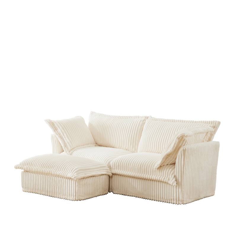 Modern 2 Seater Upholstered Sofa with 1 Ottoman and 2 Pillows - Cream