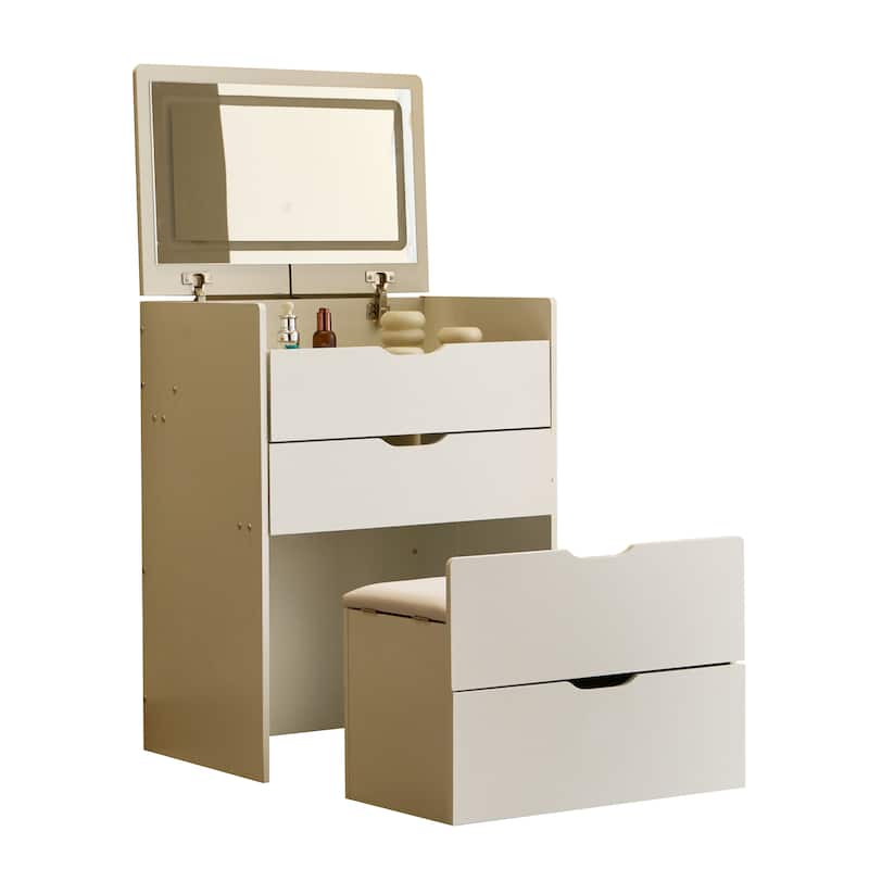 3-in-1 Small Vanity Desk with 3-color Lighting Mirror, Visible Glass Tabletop and Storage Bench - White